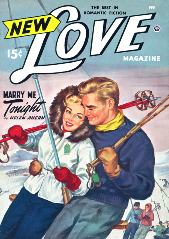 The cover of New Love Magazine (February 1948) celebrated the intimacy of riding uphill on the relatively new T-bar, famously known as a He-and-She Stick.